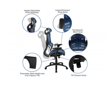 BLNK LO Ergonomic Mesh Office Chair with 2-to-1 Synchro-Tilt, Adjustable Headrest, Lumbar Support, and Adjustable Pivot Arms - Blue