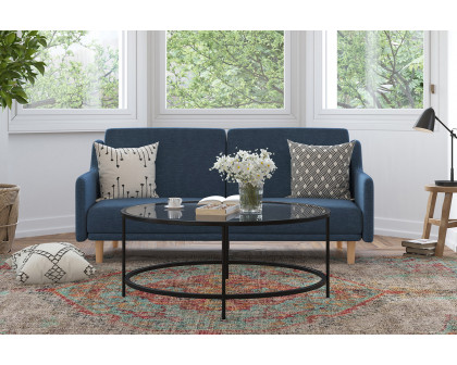 BLNK Delphine Faux Linen Premium Convertible Split Back Sofa Futon with Curved Armrests and Solid Wood Legs