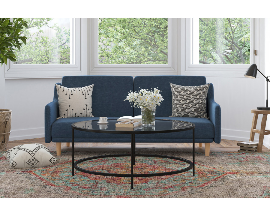 BLNK Delphine Faux Linen Premium Convertible Split Back Sofa Futon with Curved Armrests and Solid Wood Legs - Navy