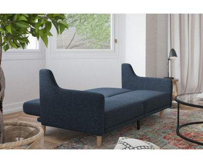 BLNK Delphine Faux Linen Premium Convertible Split Back Sofa Futon with Curved Armrests and Solid Wood Legs - Navy