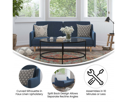 BLNK Delphine Faux Linen Premium Convertible Split Back Sofa Futon with Curved Armrests and Solid Wood Legs - Navy