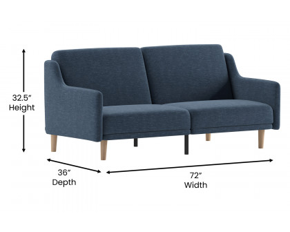 BLNK Delphine Faux Linen Premium Convertible Split Back Sofa Futon with Curved Armrests and Solid Wood Legs - Navy