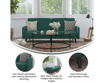 BLNK Sophia Velvet Premium Split Back Sofa Futon with Solid Wooden Legs - Emerald