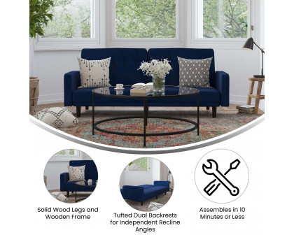 BLNK Carter Velvet Premium Tufted Split Back Sofa Futon with Solid Wooden Legs - Navy