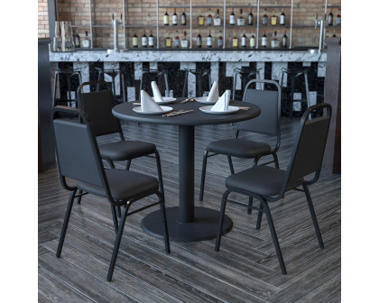 BLNK Carlton Round Laminate Table Set with X-Base and 4 Black Trapezoidal Back Banquet Chairs