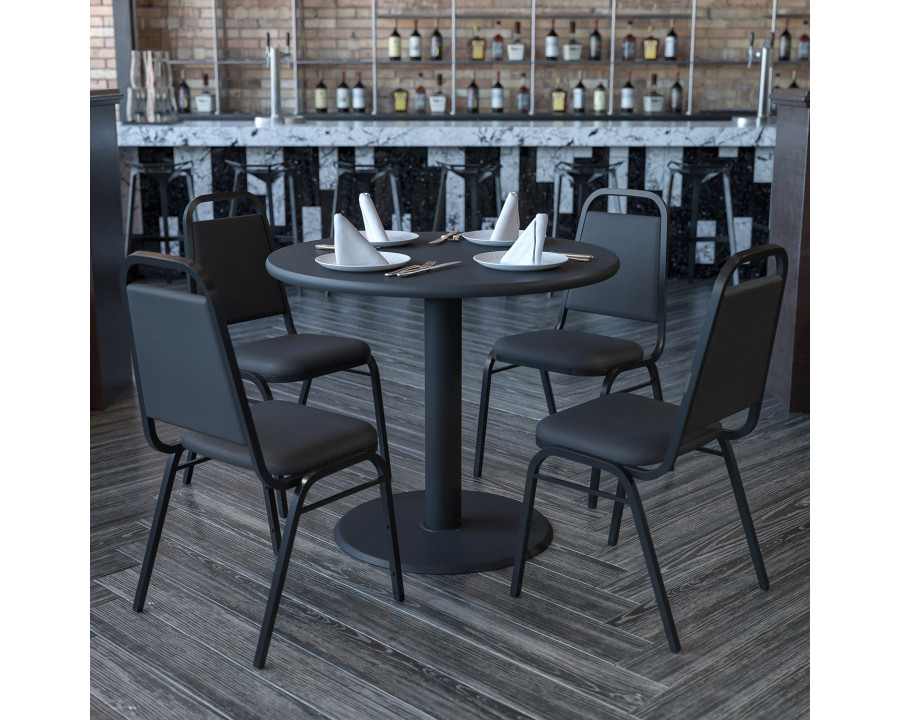 BLNK Carlton Round Laminate Table Set with X-Base and 4 Black Trapezoidal Back Banquet Chairs - Black