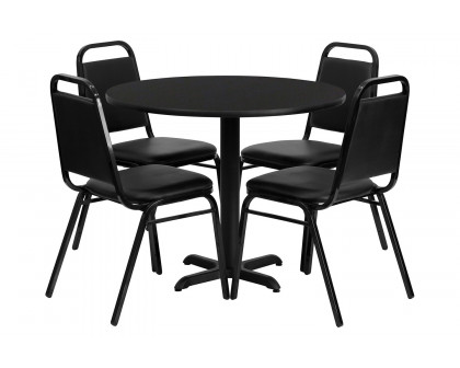 BLNK Carlton Round Laminate Table Set with X-Base and 4 Black Trapezoidal Back Banquet Chairs - Black