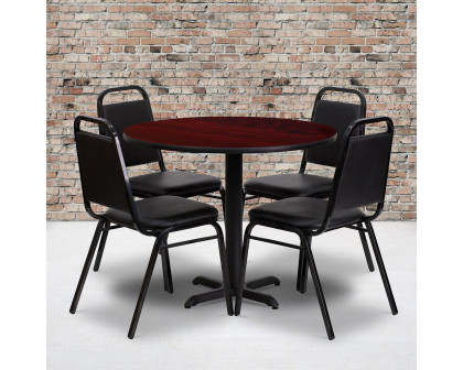 BLNK Carlton Round Laminate Table Set with X-Base and 4 Black Trapezoidal Back Banquet Chairs