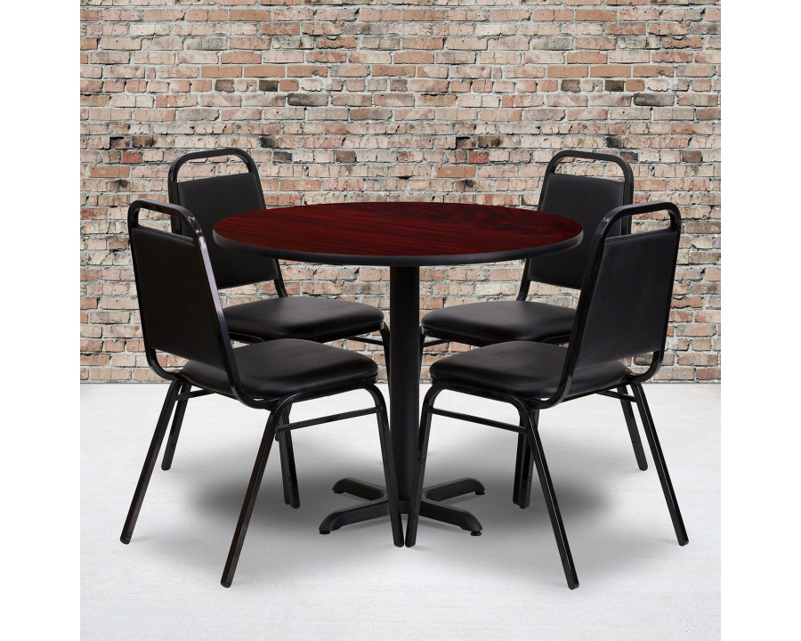 BLNK Carlton Round Laminate Table Set with X-Base and 4 Black Trapezoidal Back Banquet Chairs - Mahogany