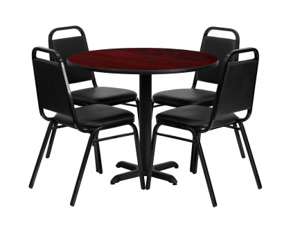 BLNK Carlton Round Laminate Table Set with X-Base and 4 Black Trapezoidal Back Banquet Chairs - Mahogany