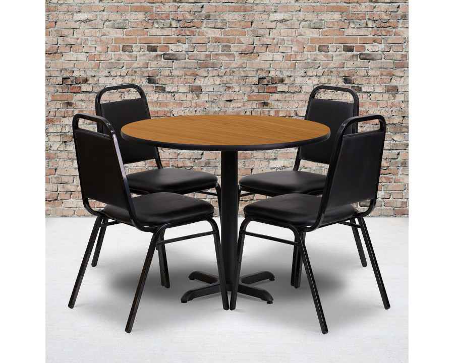 BLNK Carlton Round Laminate Table Set with X-Base and 4 Black Trapezoidal Back Banquet Chairs