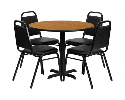 BLNK Carlton Round Laminate Table Set with X-Base and 4 Black Trapezoidal Back Banquet Chairs