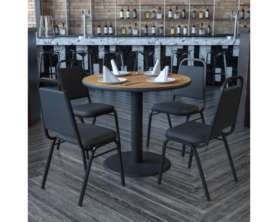 BLNK Carlton Round Laminate Table Set with X-Base and 4 Black Trapezoidal Back Banquet Chairs - Walnut