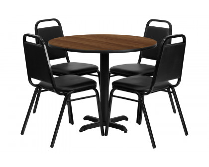 BLNK Carlton Round Laminate Table Set with X-Base and 4 Black Trapezoidal Back Banquet Chairs - Walnut