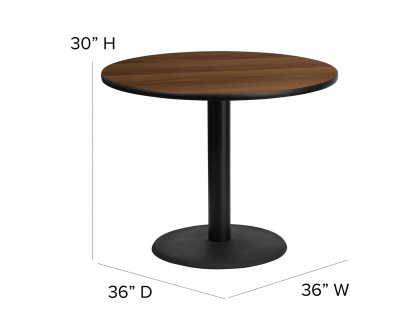 BLNK Carlton Round Laminate Table Set with X-Base and 4 Black Trapezoidal Back Banquet Chairs - Walnut