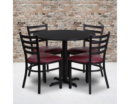 BLNK Carlton Round Black Laminate Table Set with X-Base and 4 Ladder Back Metal Chairs with Vinyl Seat