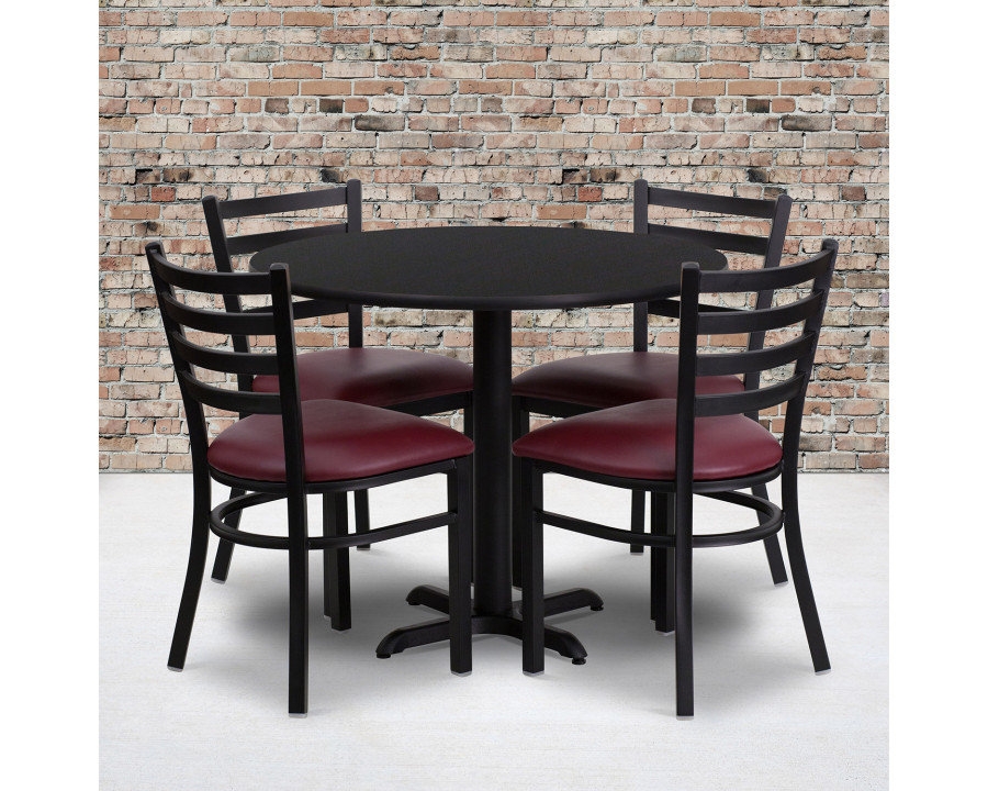 BLNK Carlton Round Black Laminate Table Set with X-Base and 4 Ladder Back Metal Chairs with Vinyl Seat - Burgundy