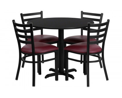 BLNK Carlton Round Black Laminate Table Set with X-Base and 4 Ladder Back Metal Chairs with Vinyl Seat - Burgundy