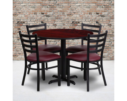 BLNK Carlton Round Mahogany Laminate Table Set with X-Base and 4 Ladder Back Metal Chairs with Vinyl Seat