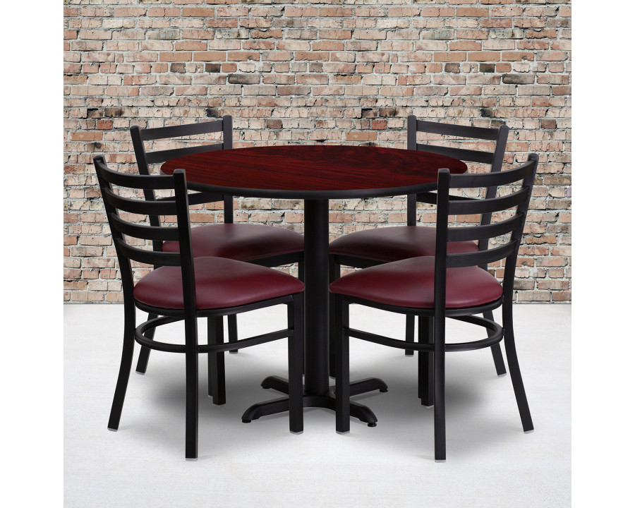 BLNK Carlton Round Mahogany Laminate Table Set with X-Base and 4 Ladder Back Metal Chairs with Vinyl Seat - Burgundy