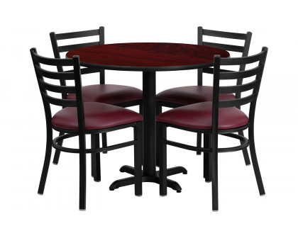 BLNK Carlton Round Mahogany Laminate Table Set with X-Base and 4 Ladder Back Metal Chairs with Vinyl Seat - Burgundy