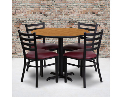 BLNK Carlton Round Natural Laminate Table Set with X-Base and 4 Ladder Back Metal Chairs with Vinyl Seat