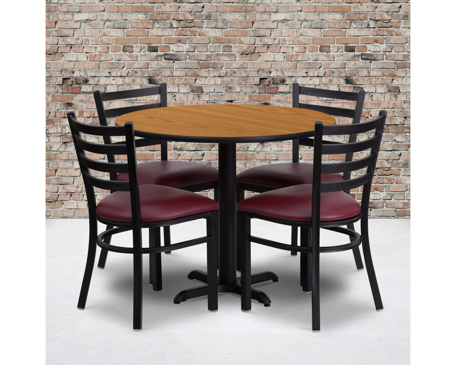 BLNK Carlton Round Natural Laminate Table Set with X-Base and 4 Ladder Back Metal Chairs with Vinyl Seat - Burgundy