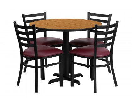 BLNK Carlton Round Natural Laminate Table Set with X-Base and 4 Ladder Back Metal Chairs with Vinyl Seat - Burgundy