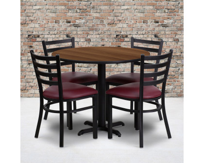 BLNK Carlton Round Walnut Laminate Table Set with X-Base and 4 Ladder Back Metal Chairs with Vinyl Seat