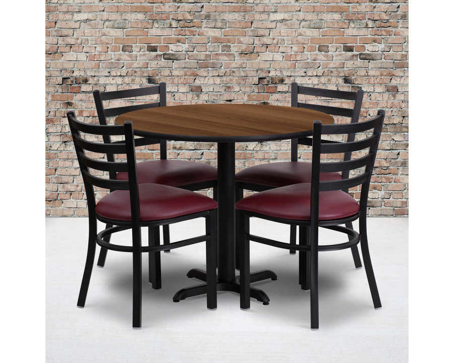 BLNK Carlton Round Walnut Laminate Table Set with X-Base and 4 Ladder Back Metal Chairs with Vinyl Seat - Burgundy