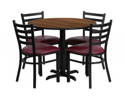 BLNK Carlton Round Walnut Laminate Table Set with X-Base and 4 Ladder Back Metal Chairs with Vinyl Seat - Burgundy