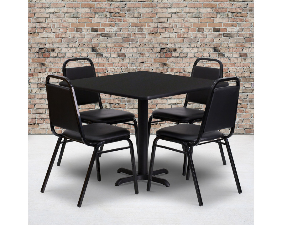 BLNK Carlton Square Laminate Table Set with X-Base and 4 Black Trapezoidal Back Banquet Chairs