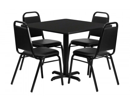 BLNK Carlton Square Laminate Table Set with X-Base and 4 Black Trapezoidal Back Banquet Chairs