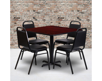 BLNK Carlton Square Laminate Table Set with X-Base and 4 Black Trapezoidal Back Banquet Chairs