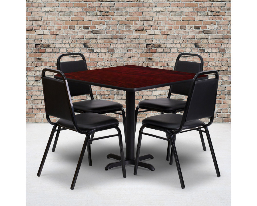 BLNK Carlton Square Laminate Table Set with X-Base and 4 Black Trapezoidal Back Banquet Chairs - Mahogany