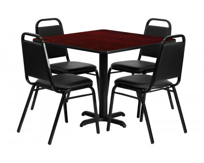 BLNK Carlton Square Laminate Table Set with X-Base and 4 Black Trapezoidal Back Banquet Chairs - Mahogany