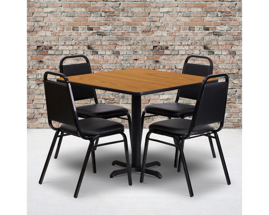 BLNK Carlton Square Laminate Table Set with X-Base and 4 Black Trapezoidal Back Banquet Chairs - Natural