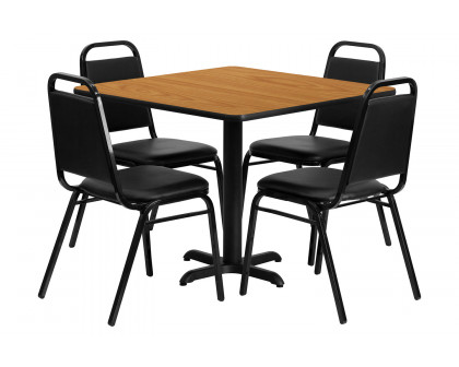 BLNK Carlton Square Laminate Table Set with X-Base and 4 Black Trapezoidal Back Banquet Chairs - Natural