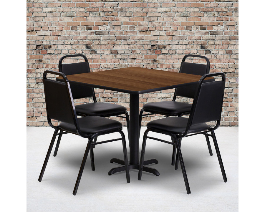 BLNK Carlton Square Laminate Table Set with X-Base and 4 Black Trapezoidal Back Banquet Chairs - Walnut