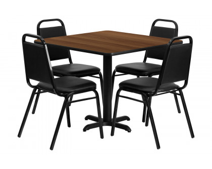 BLNK Carlton Square Laminate Table Set with X-Base and 4 Black Trapezoidal Back Banquet Chairs - Walnut