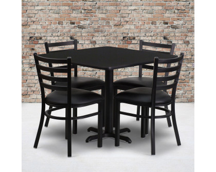 BLNK Carlton Square Laminate Table Set with X-Base and 4 Ladder Back Metal Chairs with Black Vinyl Seat