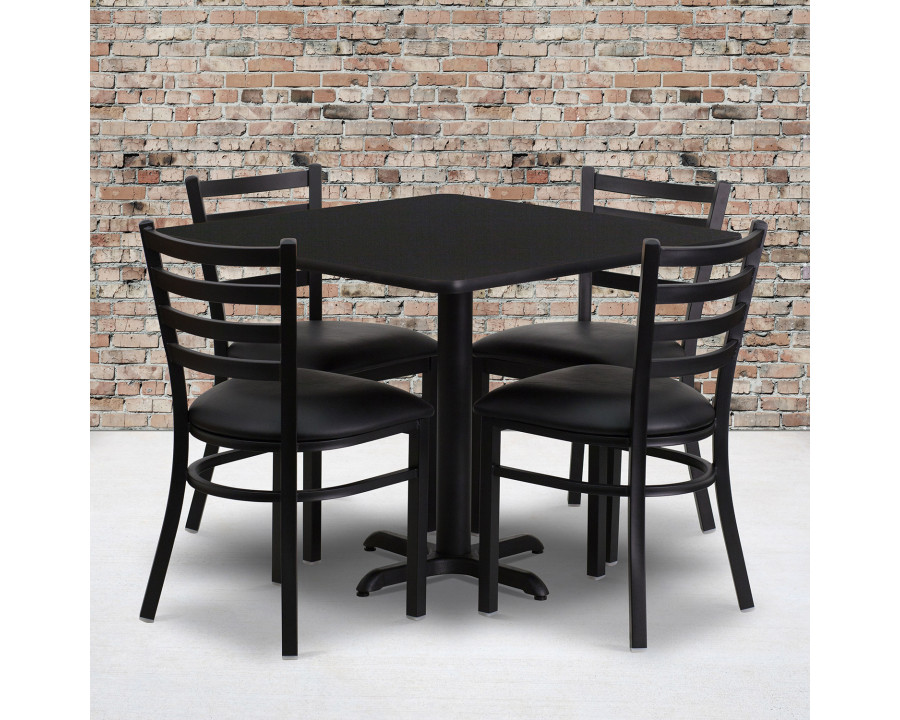 BLNK Carlton Square Laminate Table Set with X-Base and 4 Ladder Back Metal Chairs with Black Vinyl Seat - Black