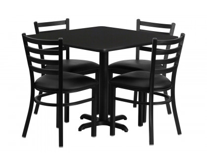 BLNK Carlton Square Laminate Table Set with X-Base and 4 Ladder Back Metal Chairs with Black Vinyl Seat - Black