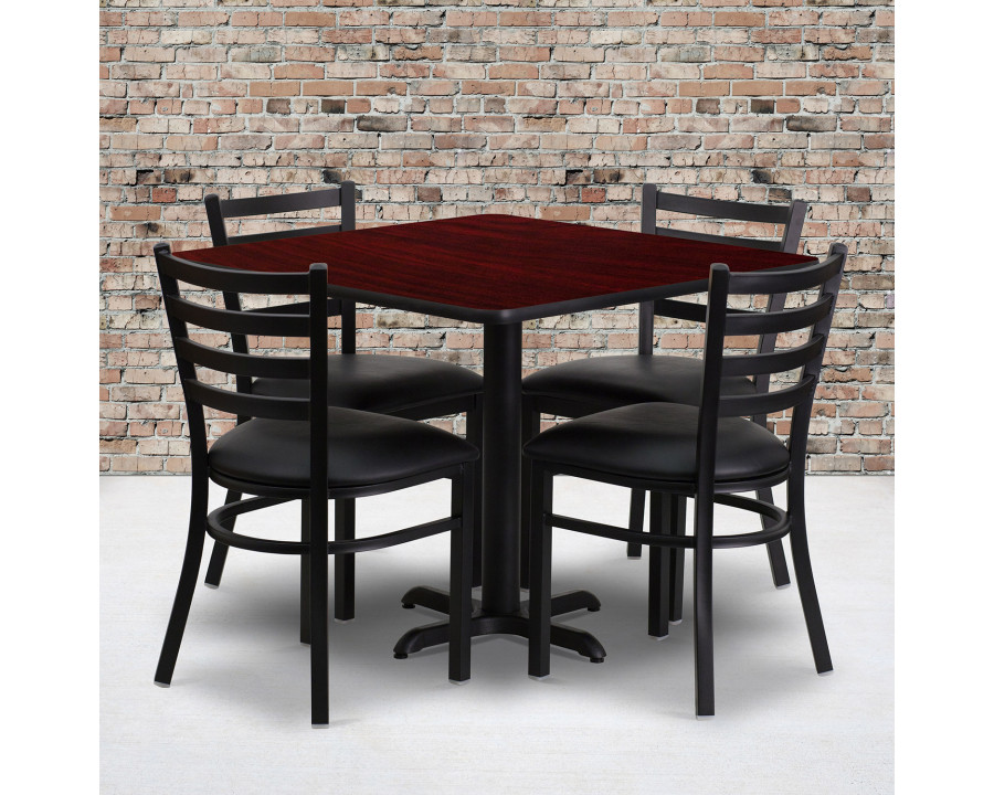 BLNK Carlton Square Laminate Table Set with X-Base and 4 Ladder Back Metal Chairs with Black Vinyl Seat - Mahogany