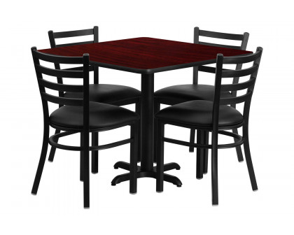 BLNK Carlton Square Laminate Table Set with X-Base and 4 Ladder Back Metal Chairs with Black Vinyl Seat - Mahogany