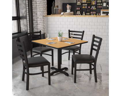 BLNK Carlton Square Laminate Table Set with X-Base and 4 Ladder Back Metal Chairs with Black Vinyl Seat