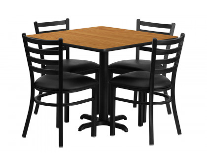 BLNK Carlton Square Laminate Table Set with X-Base and 4 Ladder Back Metal Chairs with Black Vinyl Seat - Natural