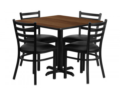 BLNK Carlton Square Laminate Table Set with X-Base and 4 Ladder Back Metal Chairs with Black Vinyl Seat