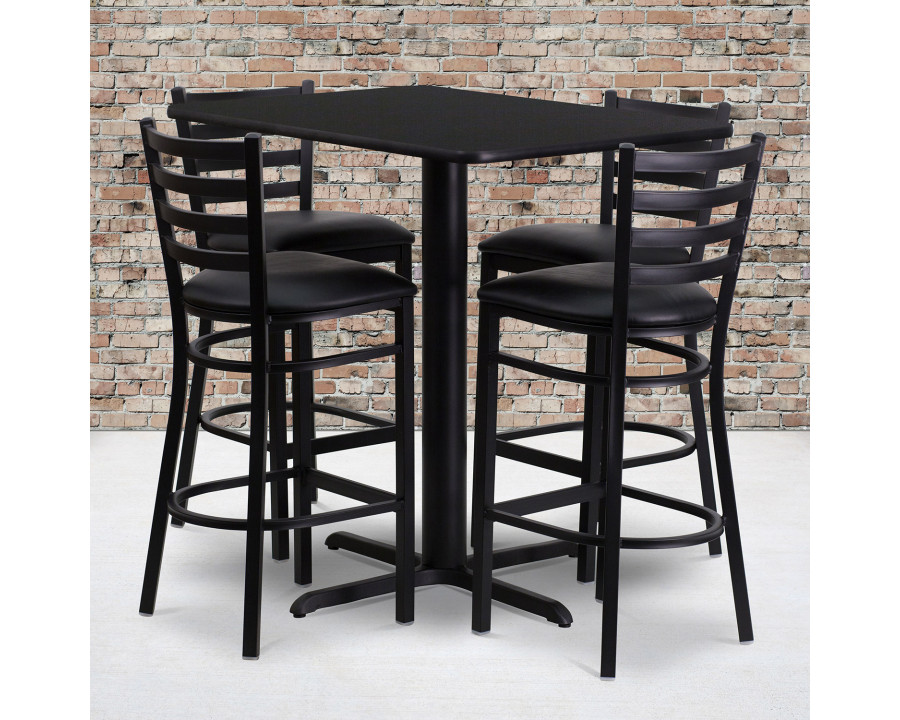 BLNK Carlton Rectangular Laminate Table Set with 4 Ladder Back Metal Bar Stools with Black Vinyl Seat