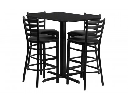 BLNK Carlton Rectangular Laminate Table Set with 4 Ladder Back Metal Bar Stools with Black Vinyl Seat